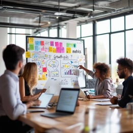 The image depicts a modern office environment, where a diverse group of professionals is engaged in a brainstorming session